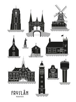Skyline Illustration Provinz Friesland in schwarz-weiß-grau (11 stedentocht)