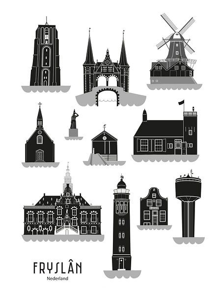 Skyline illustration province of Friesland in black-white-grey (11 stedentocht) by Mevrouw Emmer