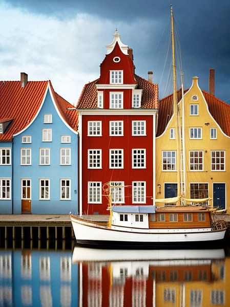 Stadsgezicht huizen gracht weerspiegeling boot water van gm_designs