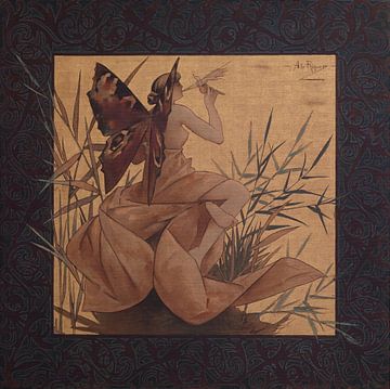 Compositie met gevleugelde nimf die tussen riet blaast - Alexandre de Riquer, 1887 van Atelier Liesjes