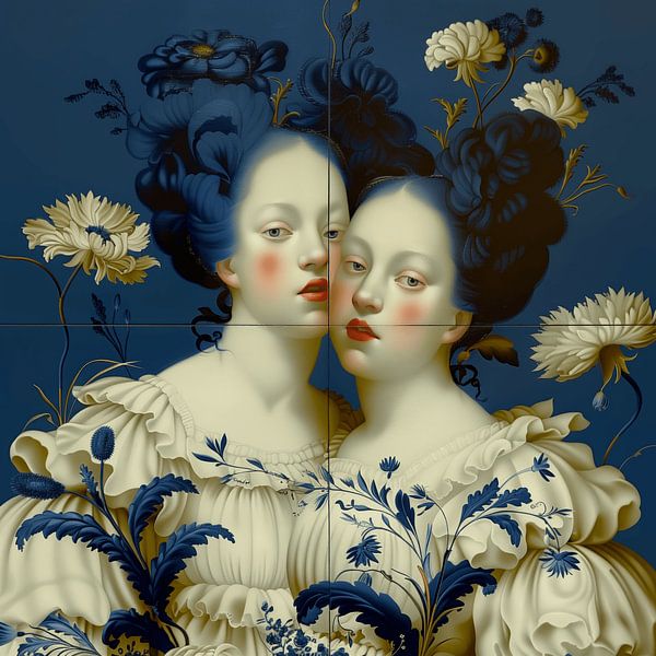 Dutch tile picture with 2 ladies by Ton Kuijpers