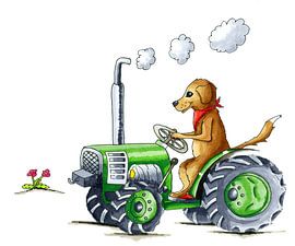 Illustration of funny dog on tractor by Ivonne Wierink