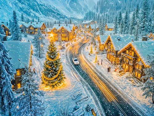Village de montagne en hiver avec des décorations de Noël