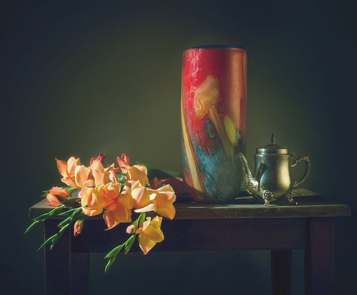 still life with a bouquet of gladioli, a vase and a coffee pot by Mykhailo Sherman