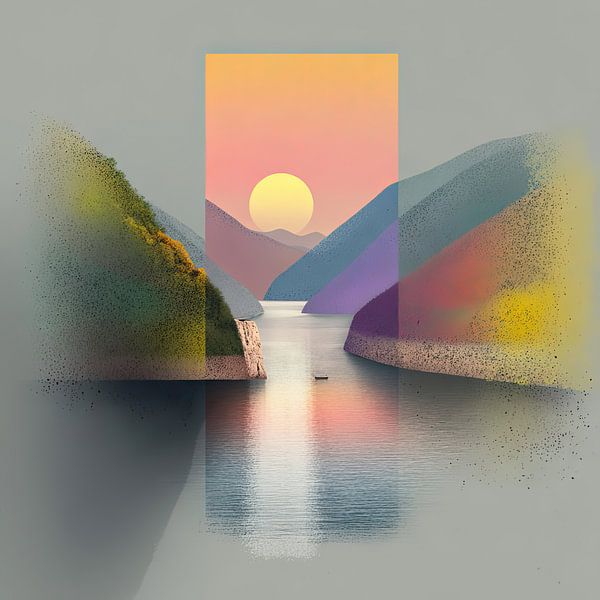 Paysage avec montagnes et lac en couleurs néon par Blues & Hues