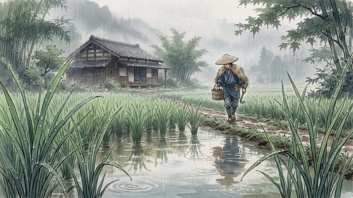 Rainy Morning Among Japanese Rice Fields