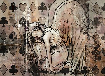 Engel mixed media kunst - roze beige oranje