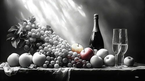 Black and white still life of flowers and fruit in extremely dramatic light