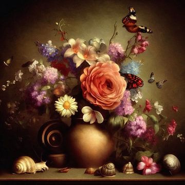 Nature morte avec fleurs, papillons et escargots sur Gisela- Art for You