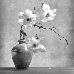 Wabi Sabi - Unvollkommenheit - Japanische Vase mit Magnolien in Schwarz und Weiß von Marly De Kok