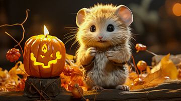 Schattige muis die een pompoen bewaakt voor Halloween, illustratie van Animaflora PicsStock