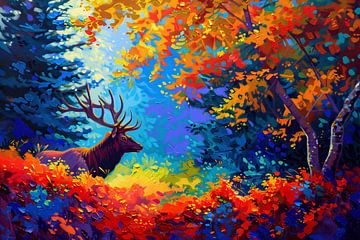 Kleurrijk abstract hert in bos van De Muurdecoratie