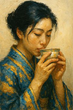 De smaak van sereniteit (Portret schilderij vrouw in kimono drinkt thee Japan Oosters) van Natalie Bruns