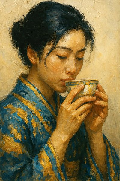 Le goût de la sérénité (Portrait peinture femme en kimono boit du thé Japon Oriental) par Natalie Bruns