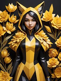 Low poly floral fox girl, schwarz und gelb von 1xMerch