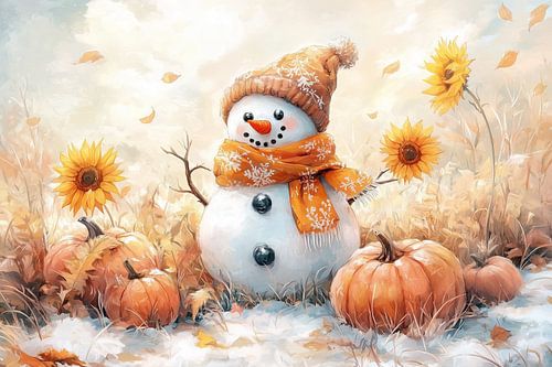 Herfstvibes in de winter - sneeuwpop met zonnebloemen en pompoenen