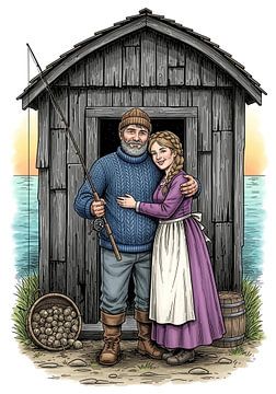 Geïllustreerde visser en vrouw voor schuurtje aan zee van Markus Gann