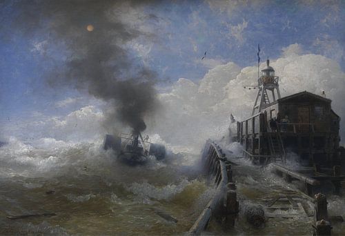 Andreas Achenbach, Een sleepboot verlaat de haven van Oostende bij vloed, 1882