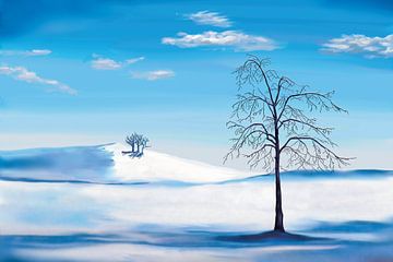 Blue winter landscape with a tree