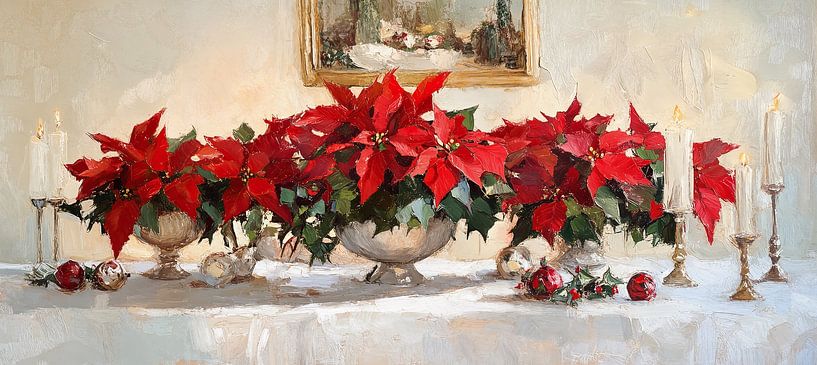 Red poinsettias and candlelight by Wonderful Art