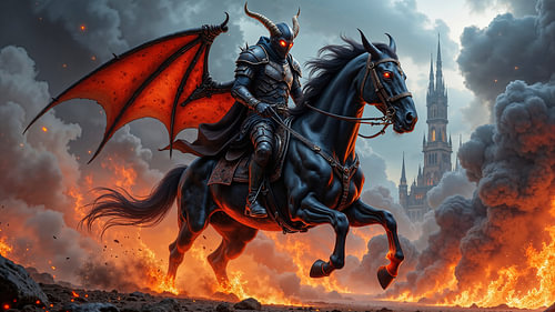Dark Fantasy Wandbild: MALAKRYN – Der geflügelte Dämon auf seinem Pferd