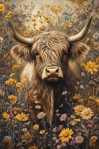 Rustikaler Highlander im Blumenmeer