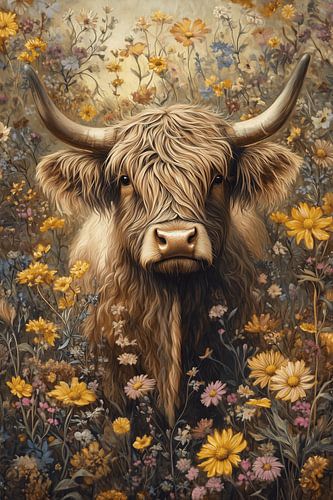 Highlander rustique dans une mer de fleurs
