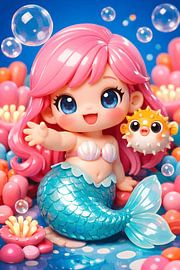 Niedliche Chibi-Meerjungfrau mit ihrem Freund, dem Kugelfisch – Unterwasser-3D-Kunst von Faheem Beigh