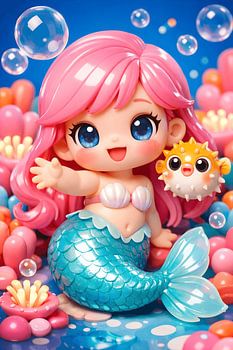 Cute Chibi Mermaid with Pufferfish Friend Undersea 3D Art