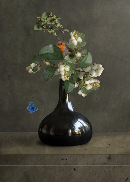 Nature morte Vase avec des baies de neige par Flower artist Sander van Laar