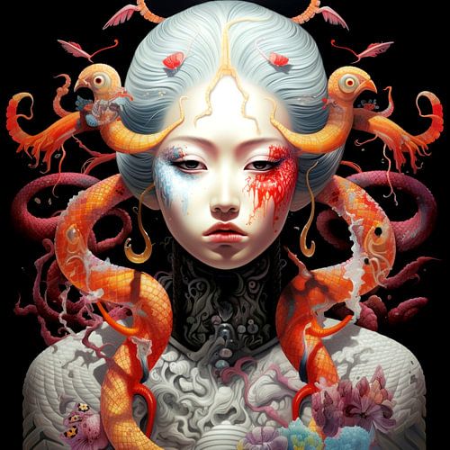vrouw portret slangen bloemen mysterieus mystiek surrealistisch