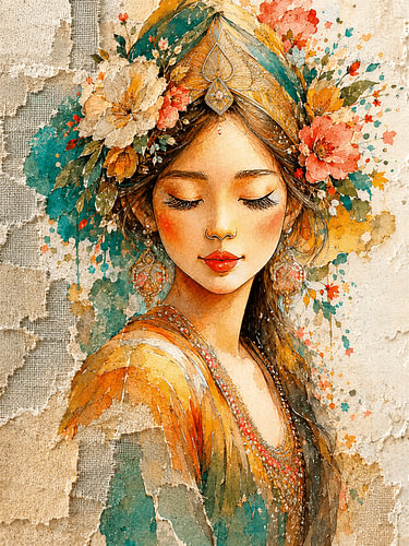 Illustration onirique : portrait d'une femme avec des fleurs et des textures
