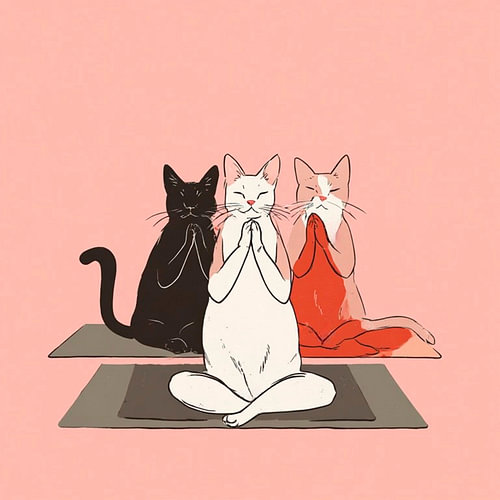 Eine Strichzeichnung von drei Katzen, die auf einer Yogamatte sitzen. von J.a Dijkstra