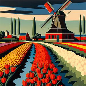 Minimalistisch Nederlands tulpenveld met een molen van Vlindertuin Art