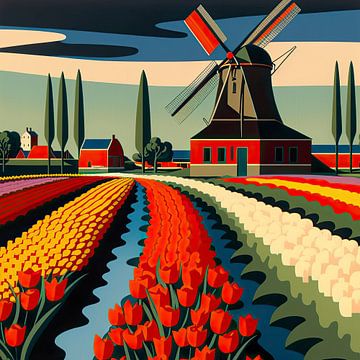 Minimalistisch Nederlands tulpenveld met een molen van Vlindertuin