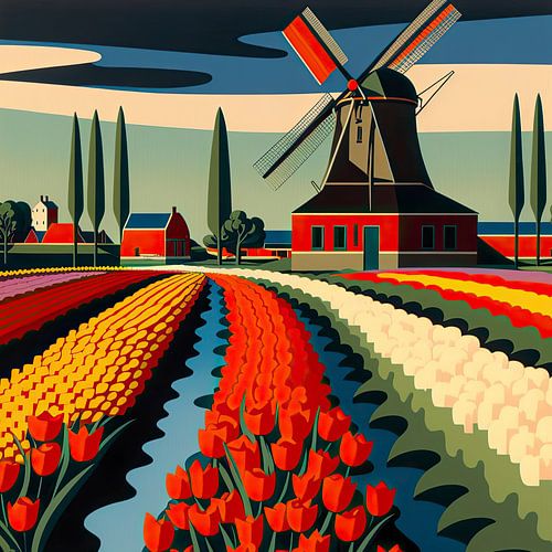 Minimalistisch Nederlands tulpenveld met een molen