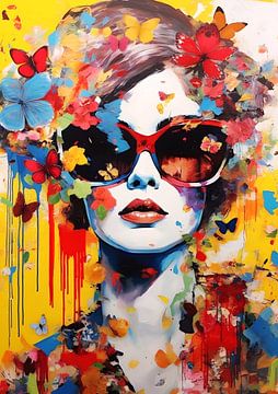 Vrouw met zonnebril en vlinders Pop Art van Rosa Piazza