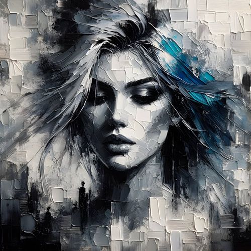 portret, olieverf zwart wit blauw