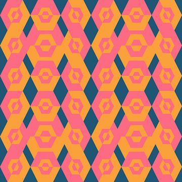 Geometrisch jaren 70 retro-patroon in roze, geel en turquoise.