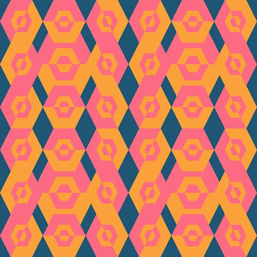 Geometrisch jaren 70 retro-patroon in roze, geel en turquoise.
