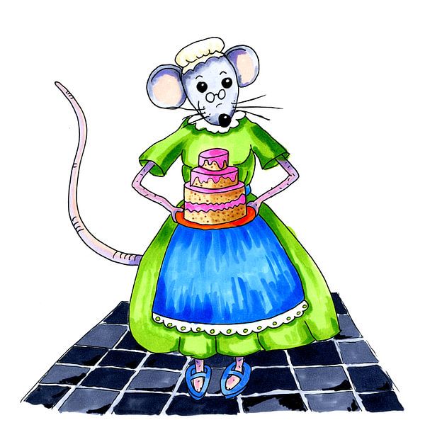 Souris de grand-mère avec un gâteau fait maison par Ivonne Wierink