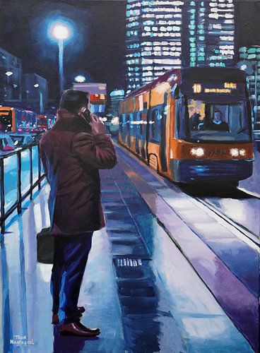 Wachten op de tram. Schilderij door Toon Nagtegaal van Toon Nagtegaal
