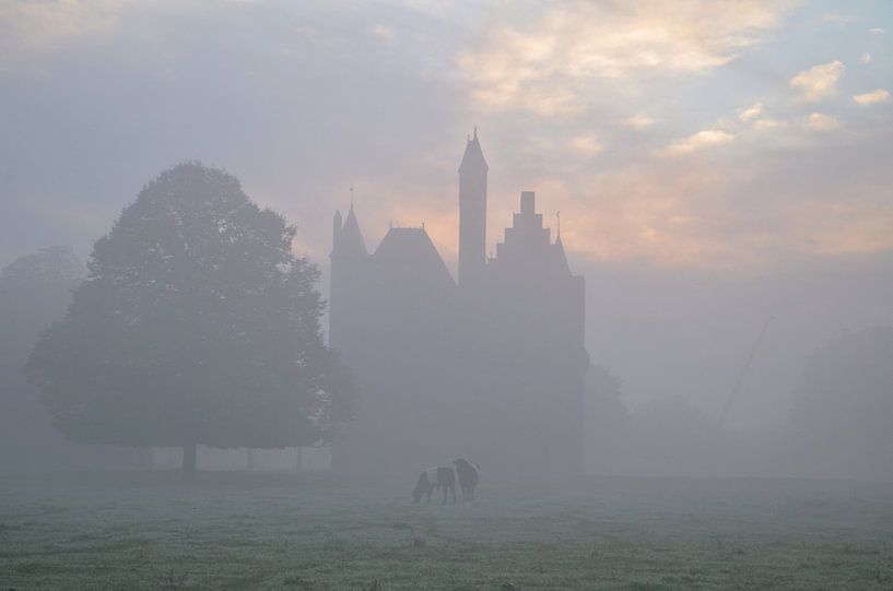 Kasteel Doornenburg en Lakenvelderrunderen in de mist van Joyce Derksen