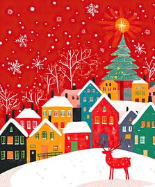 Schneeflocken und buntes Dorf von Wunderbare Kunst