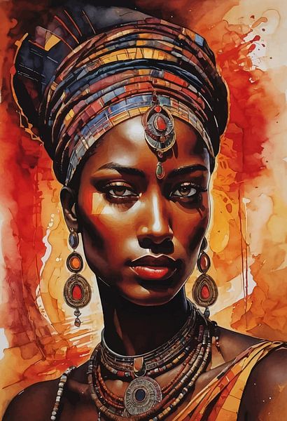 Abstrakte Aquarellmalerei einer afrikanischen Frau von MIROKKU