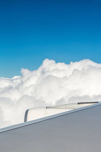 Flugzeugflügel mit Motor und Wolken von Inge van den Brande