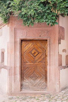 Wooden door, pink wall and greenery in France | Travel photography Europe | Pastel art photo print by Milou van Ham