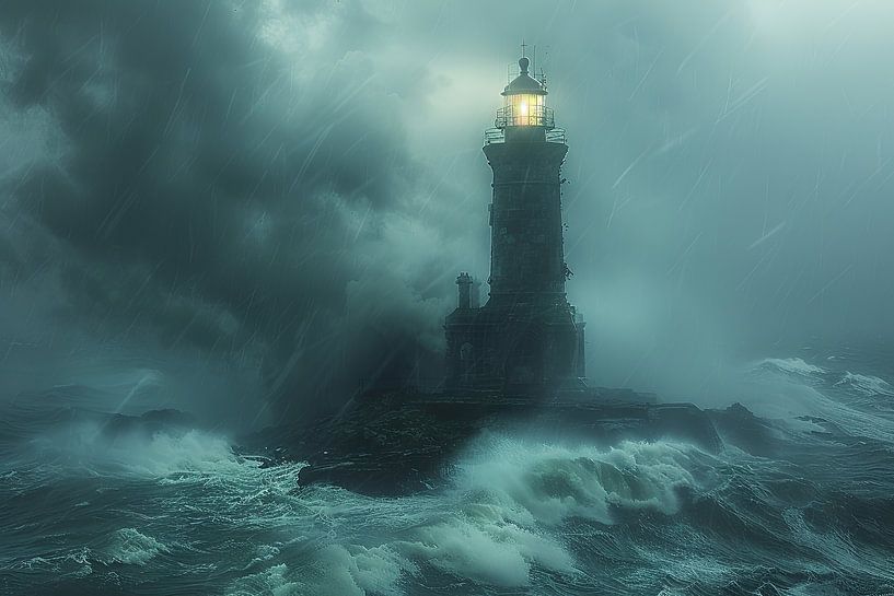 Mystical lighthouse in stormy seas at dusk by Poster Art Shop