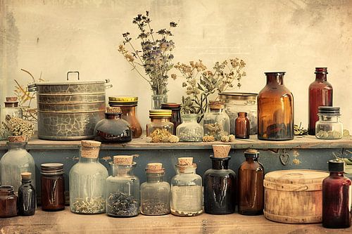 Vintage kruiden en glazen flessen op plank