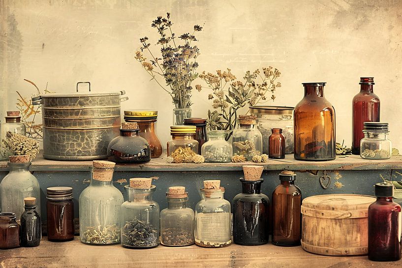 Épices vintage et bouteilles en verre sur une étagère par Imperial Art House